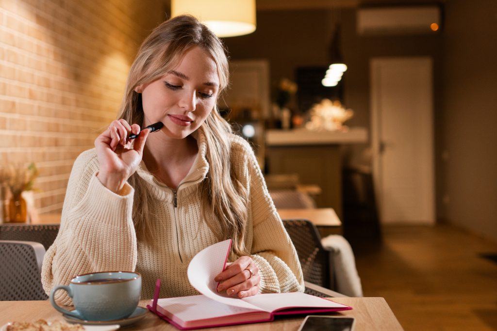 Junge Frau sitzt in einem Café mit einem Kaffee und Notizbuch