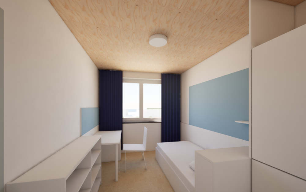 Klagenfurt_Visualization_Single Room_Window 3D visualization of a single room, looking toward the window